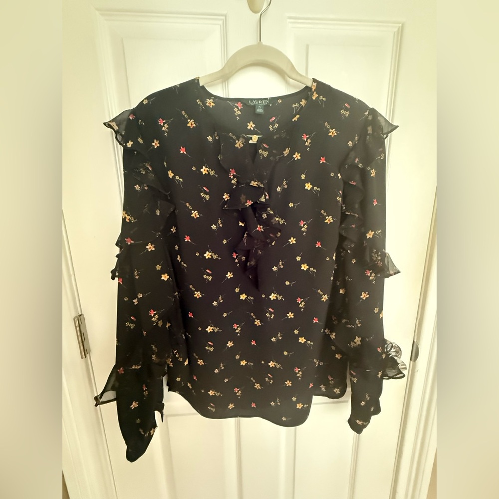 Lauren Ralph Lauren Floral Ruffle Blouse – Black, Size XL